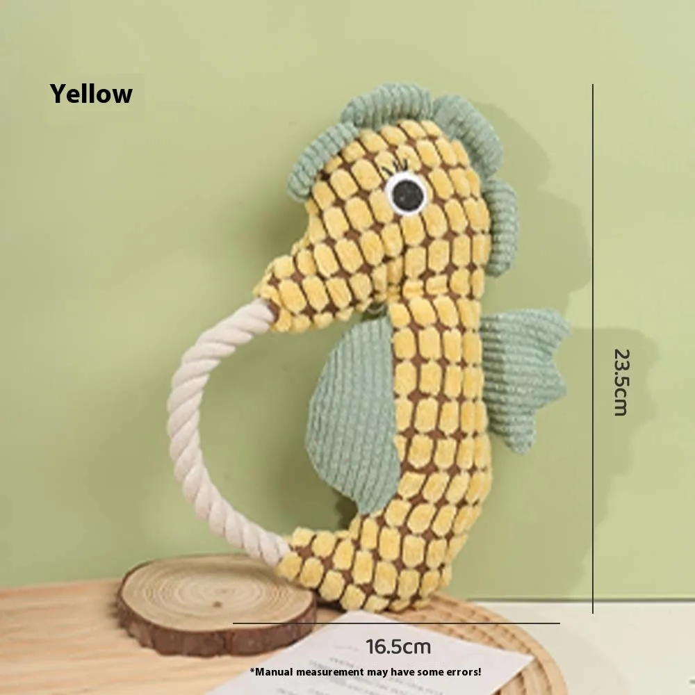Pineapple velvet molar pet toy in green seahorse design with plush texture and squeaker, 16.5x23.5cm