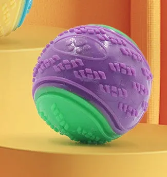 TPR dog training ball with squeaker in bright two-tone colours, showing molar texture on surface.
