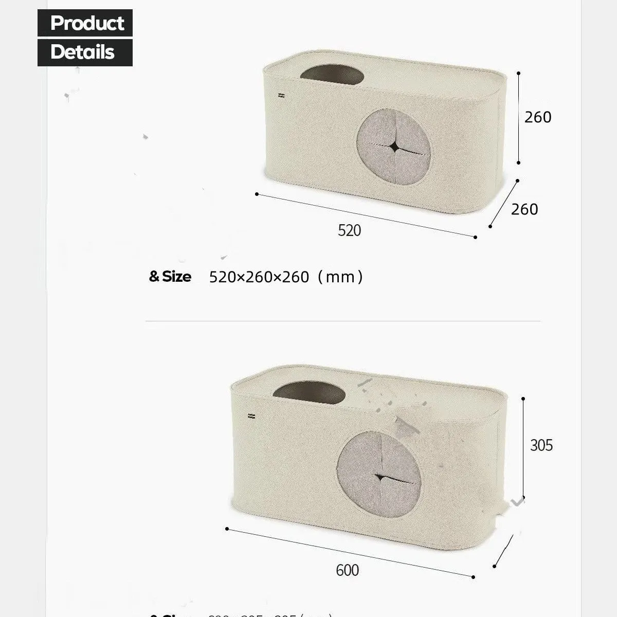 A foldable felt cat nest pet bed shown in khaki colour, with dimensions for scale.