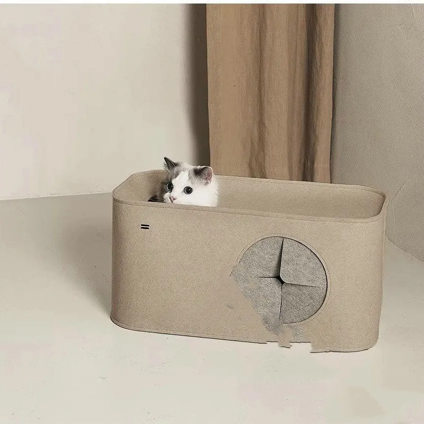 A foldable felt cat nest pet bed shown in khaki colour, with dimensions for scale.
