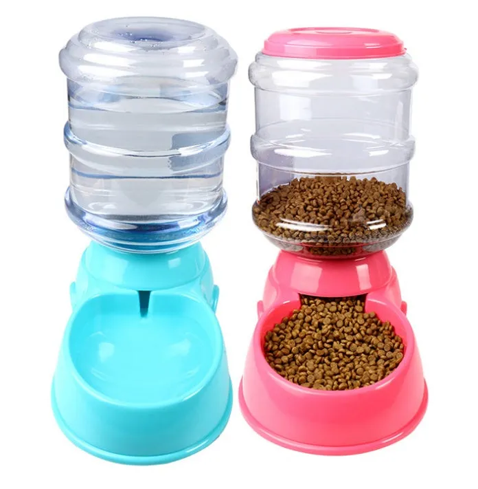 3.5L automatic gravity pet feeding basin for cats and dogs, available in blue, green, and pink colours