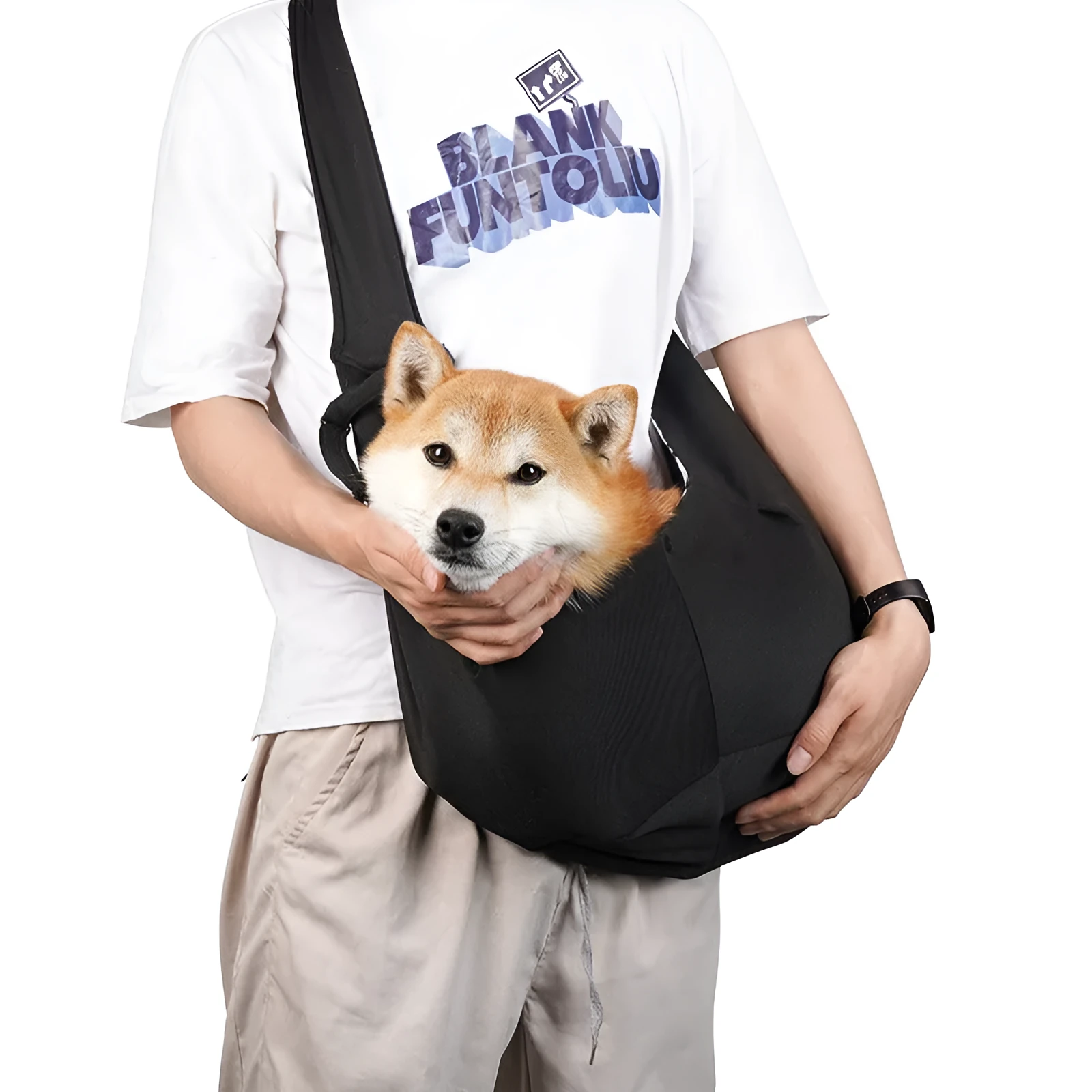 Soft polyester pet carrier bag with adjustable shoulder strap for small dogs under 7.5kg, shown in khaki colour.