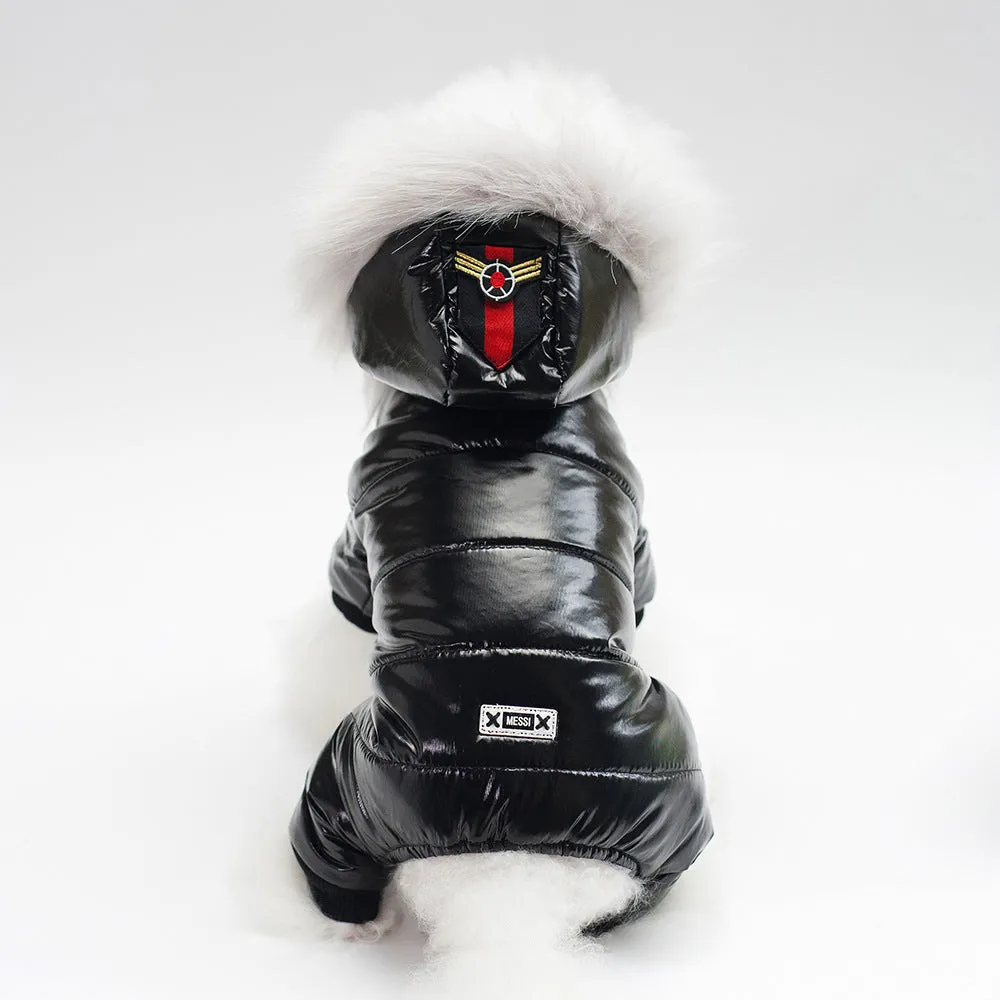 Thickened four leg cotton padded dog coat in black, red, and brown on white background