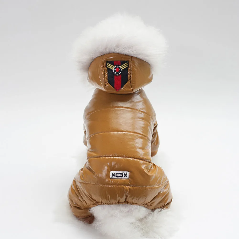 Thickened four leg cotton padded dog coat in black, red, and brown on white background