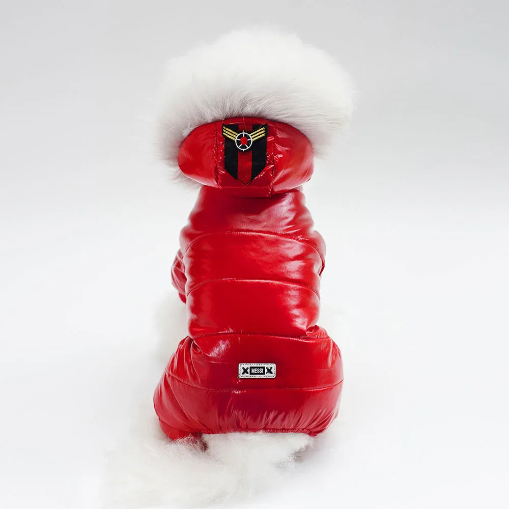 Thickened four leg cotton padded dog coat in black, red, and brown on white background