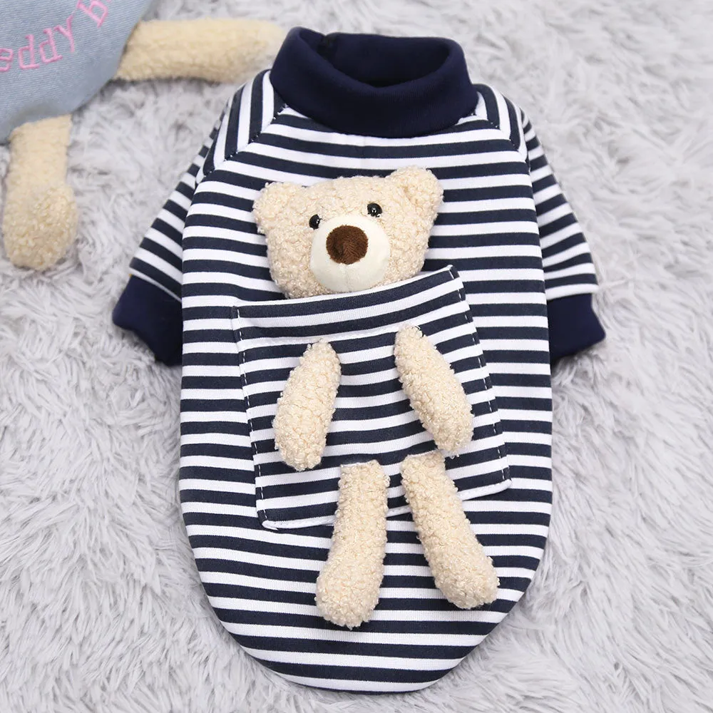 Cute teddy bear print polyester pet sweater for small dogs and cats on a white background