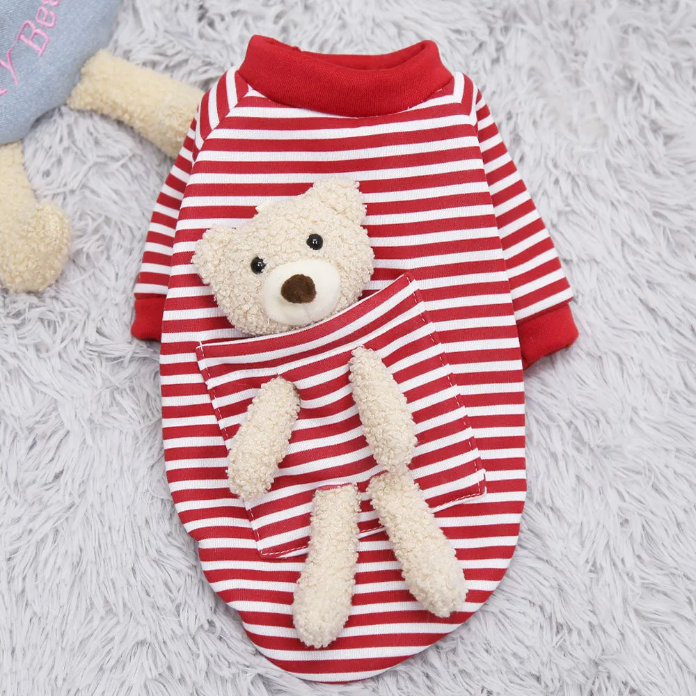 Cute teddy bear print polyester pet sweater for small dogs and cats on a white background