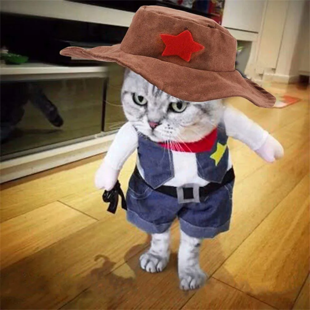 Pet denim cowboy costume with hat for cats and dogs dark blue cloth jacket set