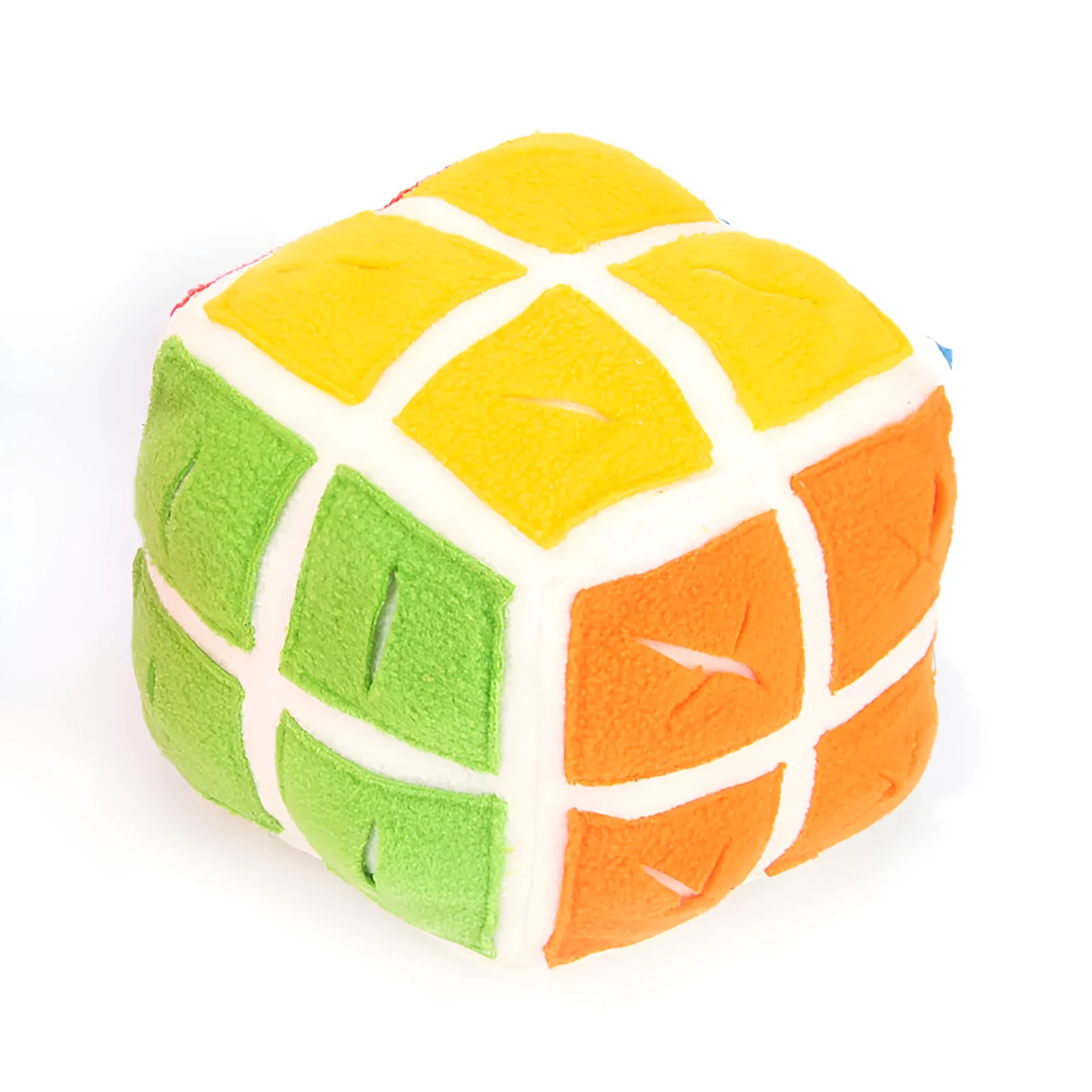 Pet Rubik's Cube sniffing toy in polar fleece fabric with treats visible, 15cm cube on a light background