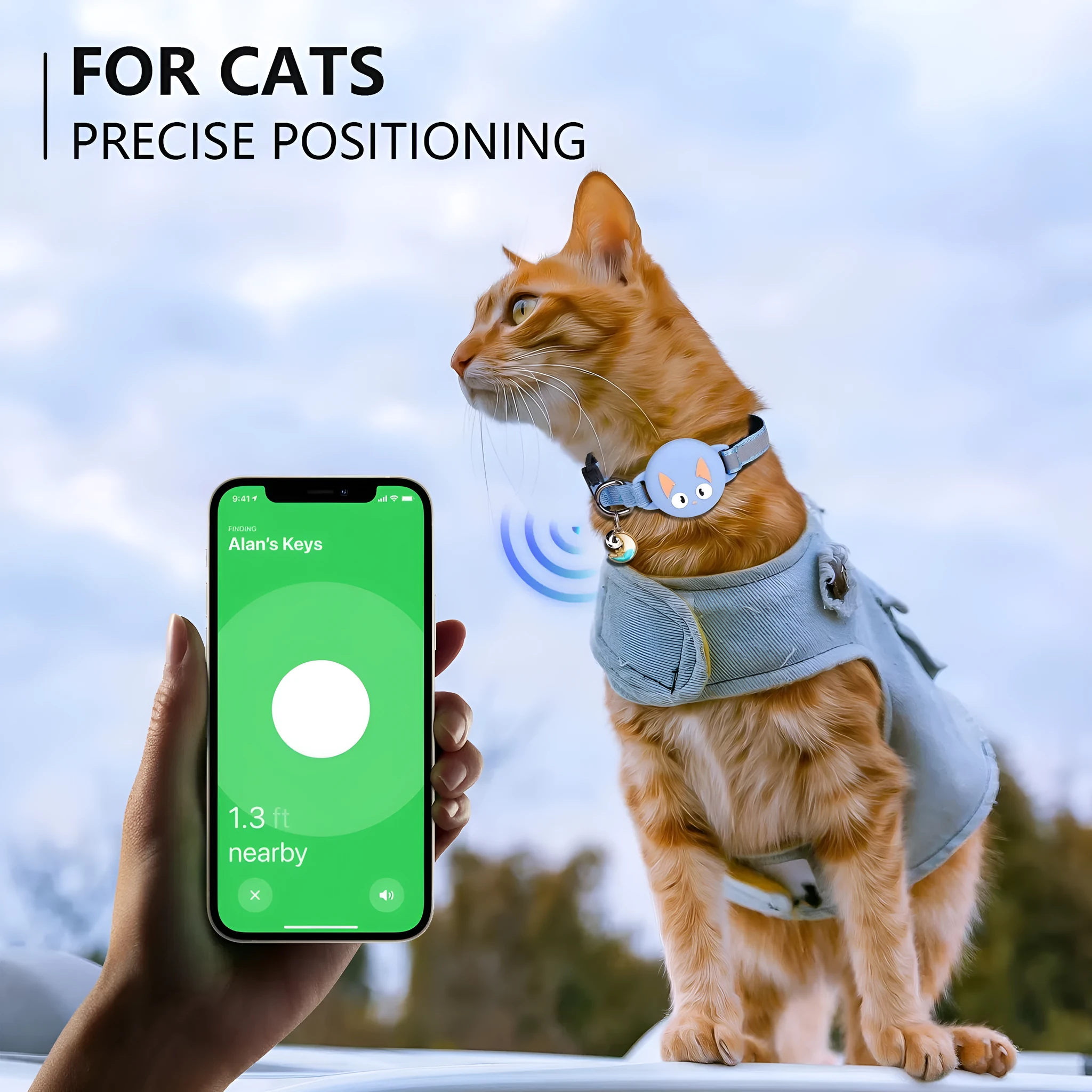 Reflective cat collar with tracker silicone case in blue on artificial leather material for cats and puppies