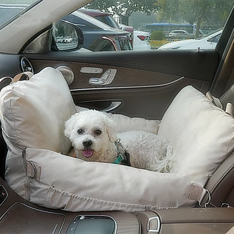 Linen car safety seat front dog bed in beige colour, 60x50x43cm cloth cushion for front seat