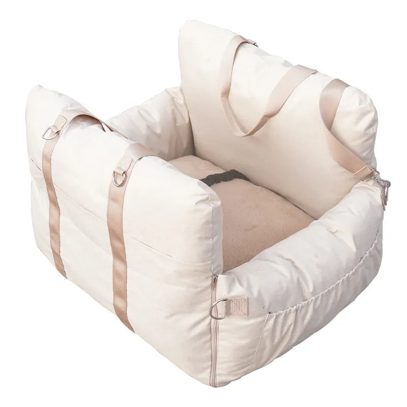 Linen car safety seat front dog bed in beige colour, 60x50x43cm cloth cushion for front seat