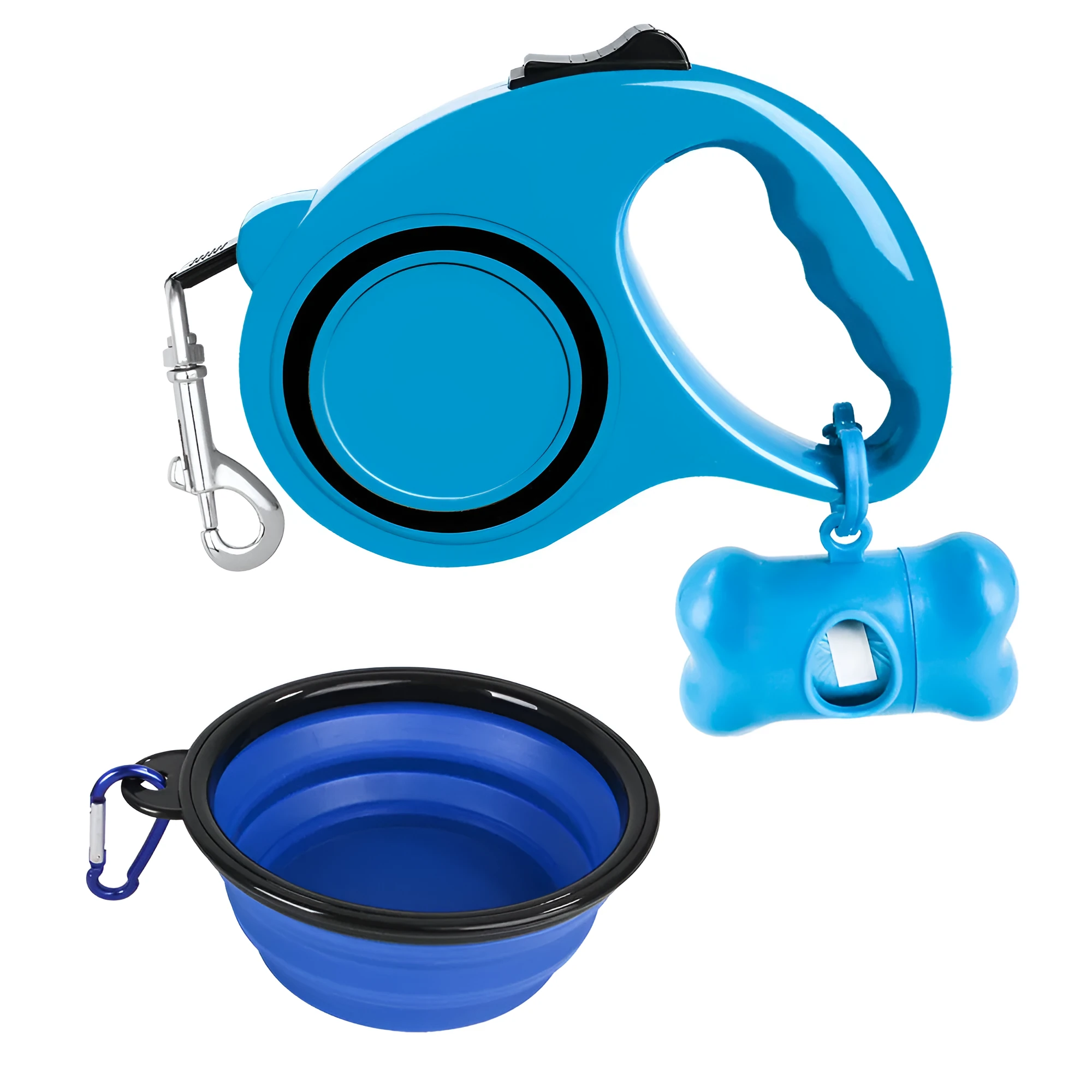 Dog traction rope set with folding PP bowl in blue and green on outdoor surface