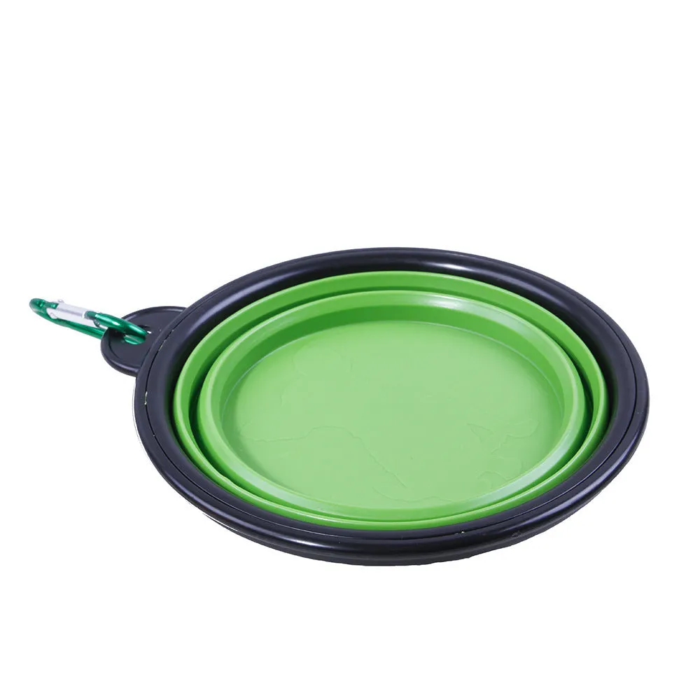 Dog traction rope set with folding PP bowl in blue and green on outdoor surface