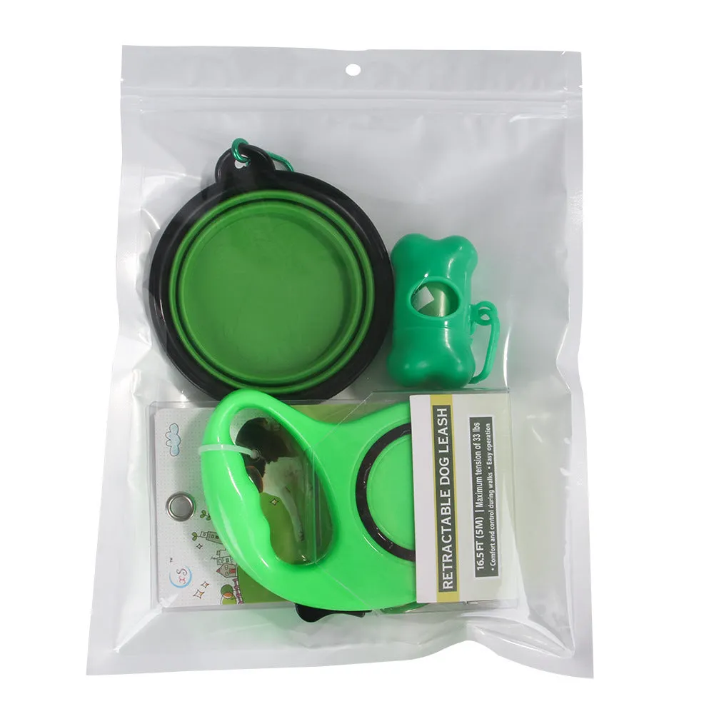 Dog traction rope set with folding PP bowl in blue and green on outdoor surface