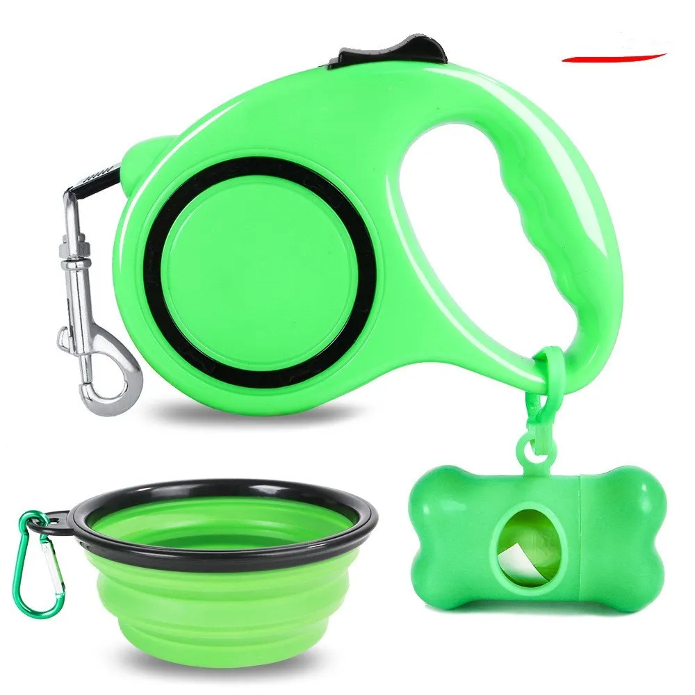Dog traction rope set with folding PP bowl in blue and green on outdoor surface
