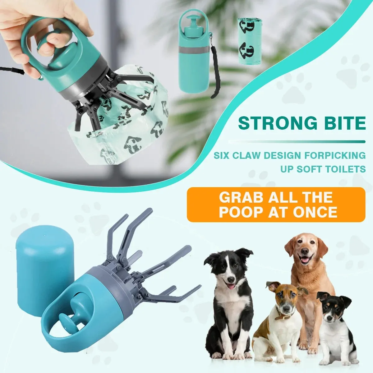 Blue portable pet pooper scooper with claw mechanism and built-in bag dispenser.