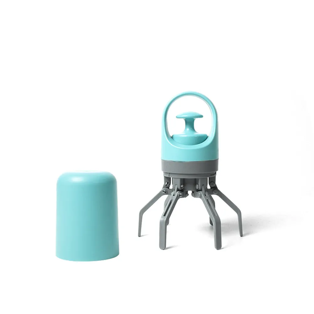 Blue portable pet pooper scooper with claw mechanism and built-in bag dispenser.
