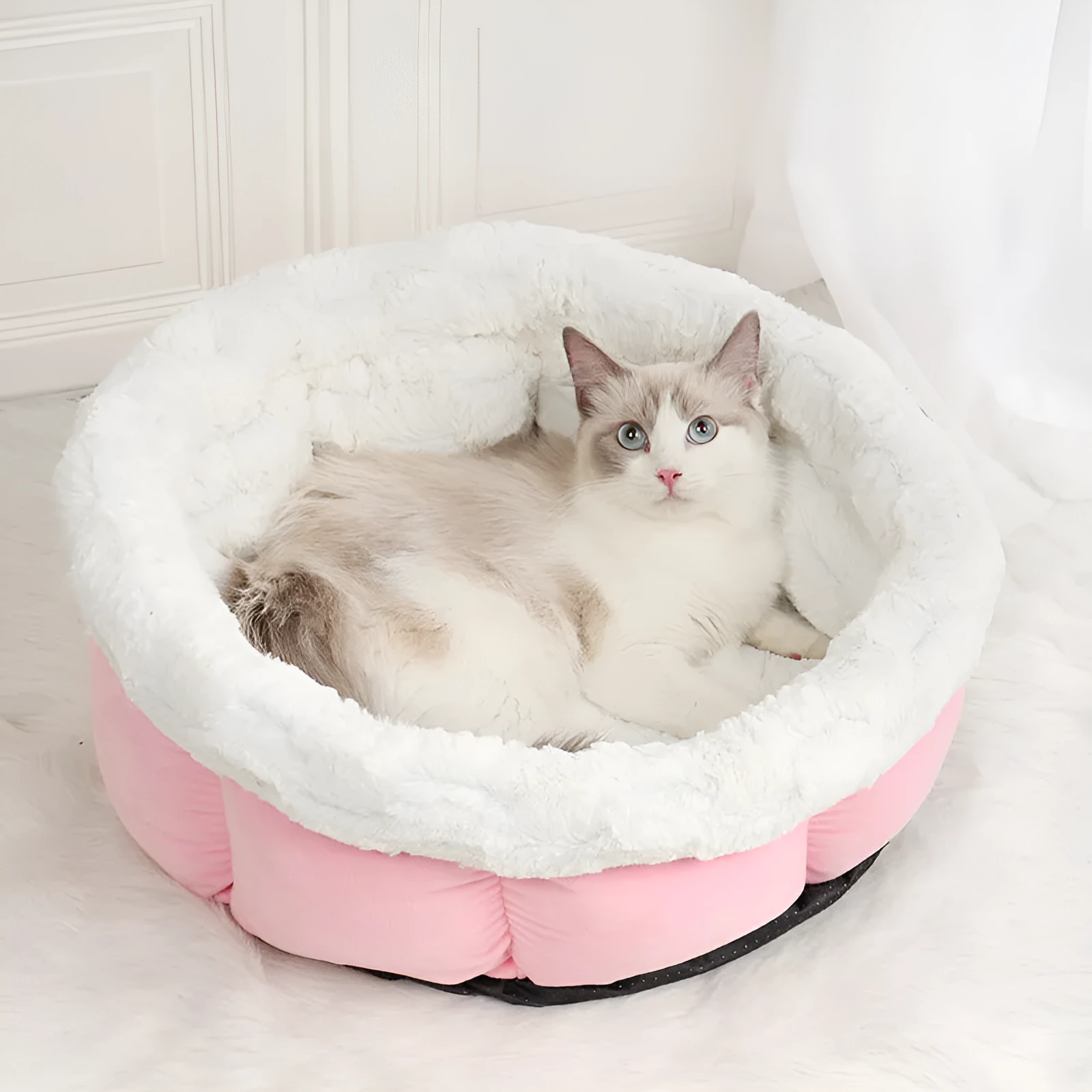 Petal cat mat in grey with raised edge, made from printed plush and imitated suede, measuring 48x49x25cm