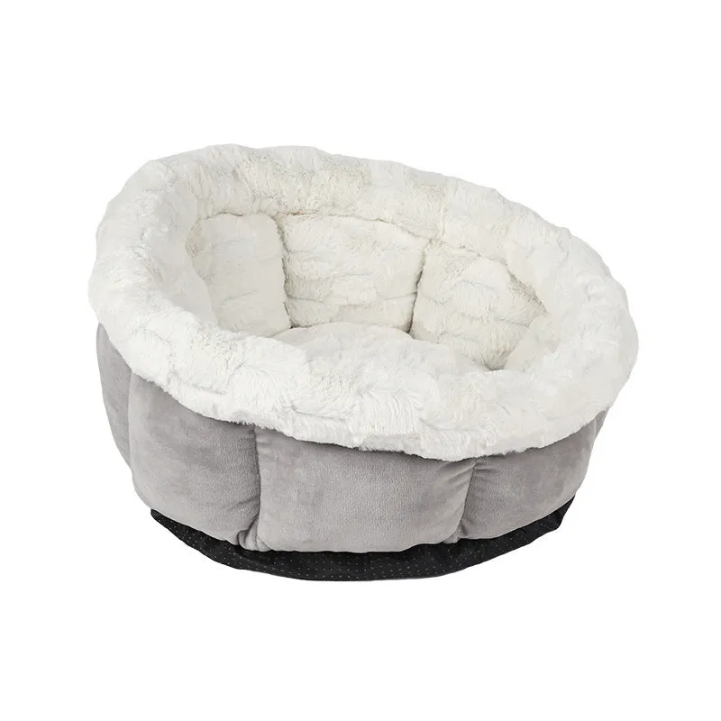 Petal cat mat in grey with raised edge, made from printed plush and imitated suede, measuring 48x49x25cm