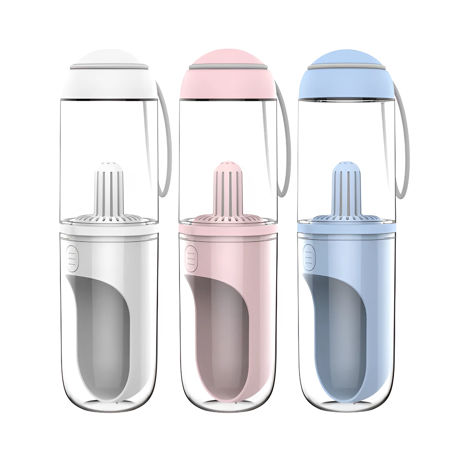 Blue pet travel cup 330ml with filter element next to a dog on a walk