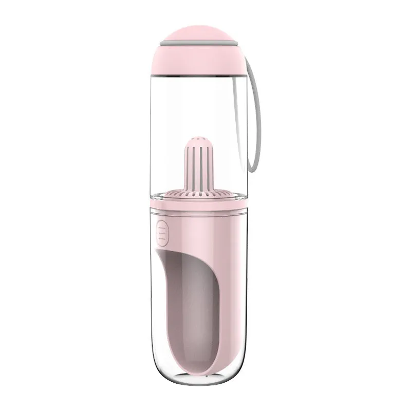 Blue pet travel cup 330ml with filter element next to a dog on a walk