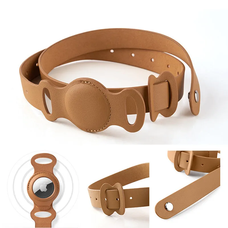 Leather pet collar case for AirTag, adjustable 40-77cm, fog blue colour, on a light background