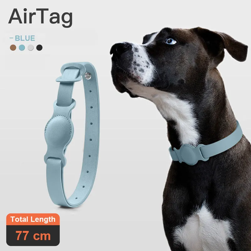 Leather pet collar case for AirTag, adjustable 40-77cm, fog blue colour, on a light background