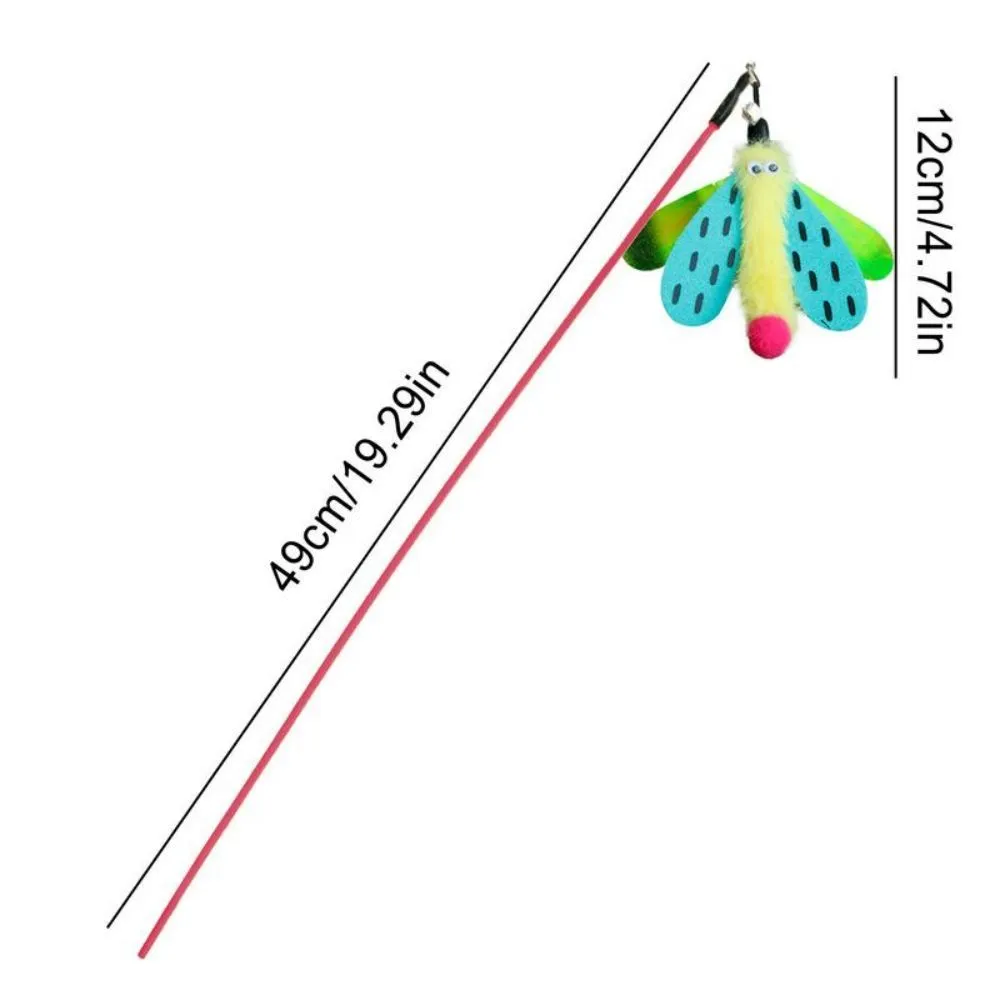 Blue, yellow, and pink cat wand toy with dragonfly bell teaser on a 49cm stick.