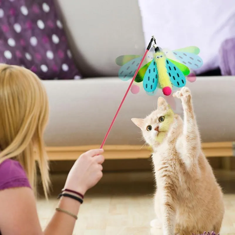 Blue, yellow, and pink cat wand toy with dragonfly bell teaser on a 49cm stick.