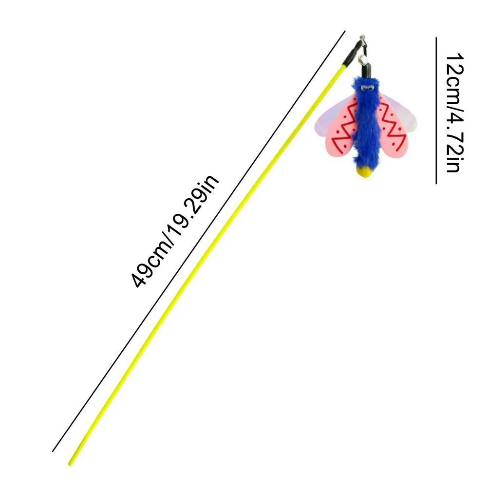 Blue, yellow, and pink cat wand toy with dragonfly bell teaser on a 49cm stick.