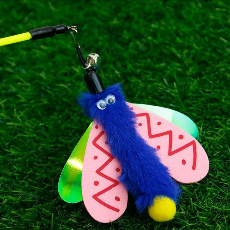 Blue, yellow, and pink cat wand toy with dragonfly bell teaser on a 49cm stick.