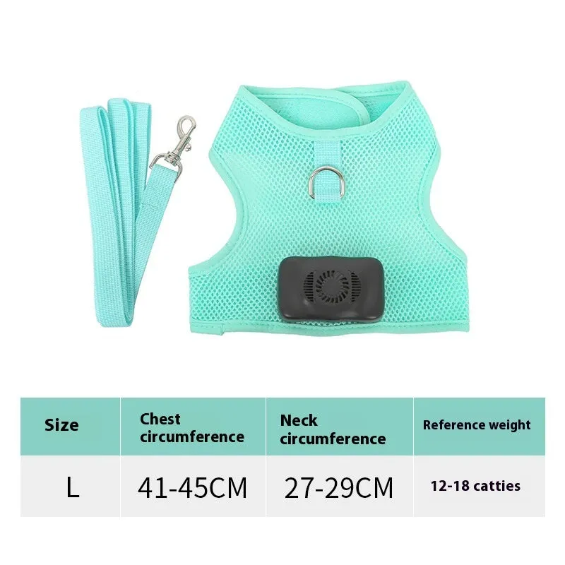 Mint green small dog cooling harness with LED light and leash on a white background
