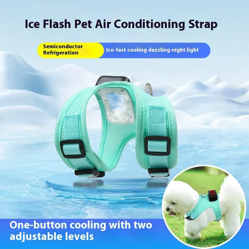 Mint green small dog cooling harness with LED light and leash on a white background
