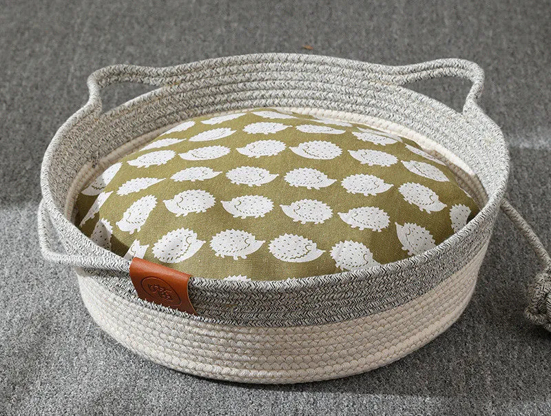 Grey cotton rope and rattan cat nest with optional cushion, small 35cm size