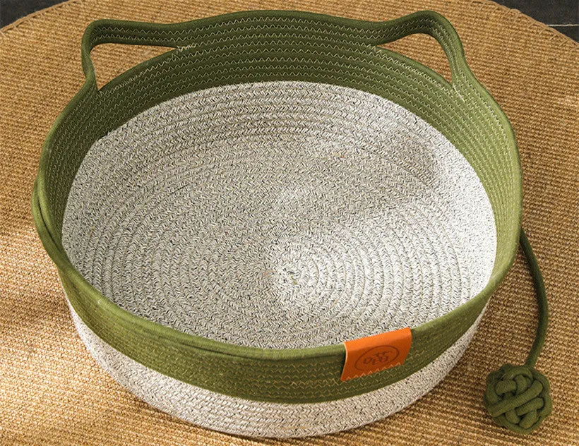 Grey cotton rope and rattan cat nest with optional cushion, small 35cm size