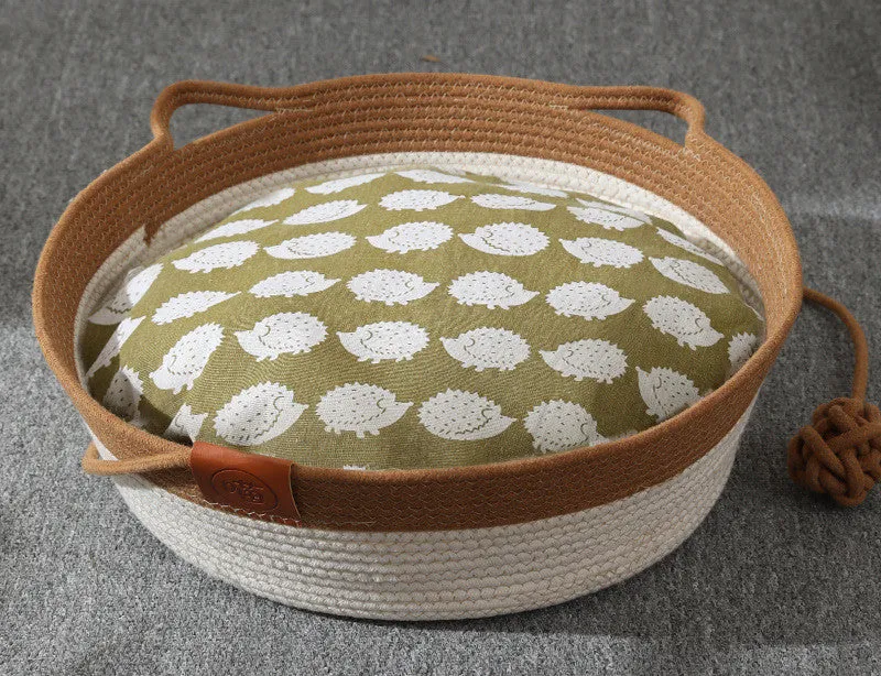 Grey cotton rope and rattan cat nest with optional cushion, small 35cm size