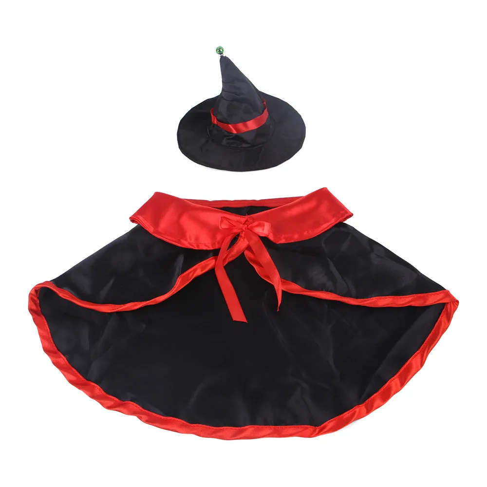 Dog wearing a Halloween cloak suit with a matching hat in a British-style design, available in multiple sizes.