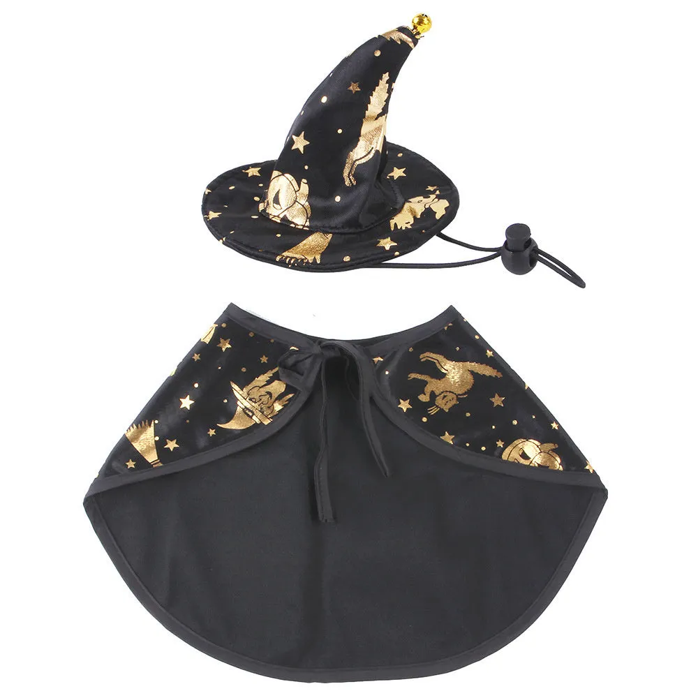 Dog wearing a Halloween cloak suit with a matching hat in a British-style design, available in multiple sizes.