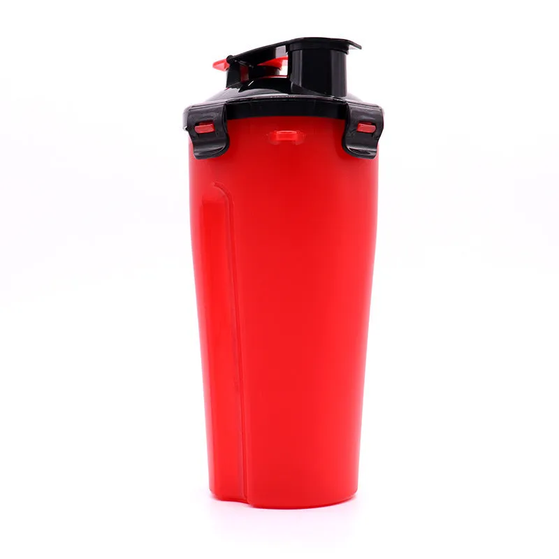 Portable 2-in-1 pet water cup in black, showing separate water and food compartments, PP material, 23cm x 11cm