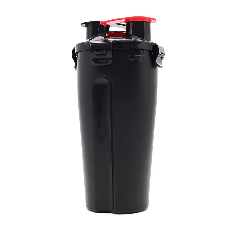 Portable 2-in-1 pet water cup in black, showing separate water and food compartments, PP material, 23cm x 11cm