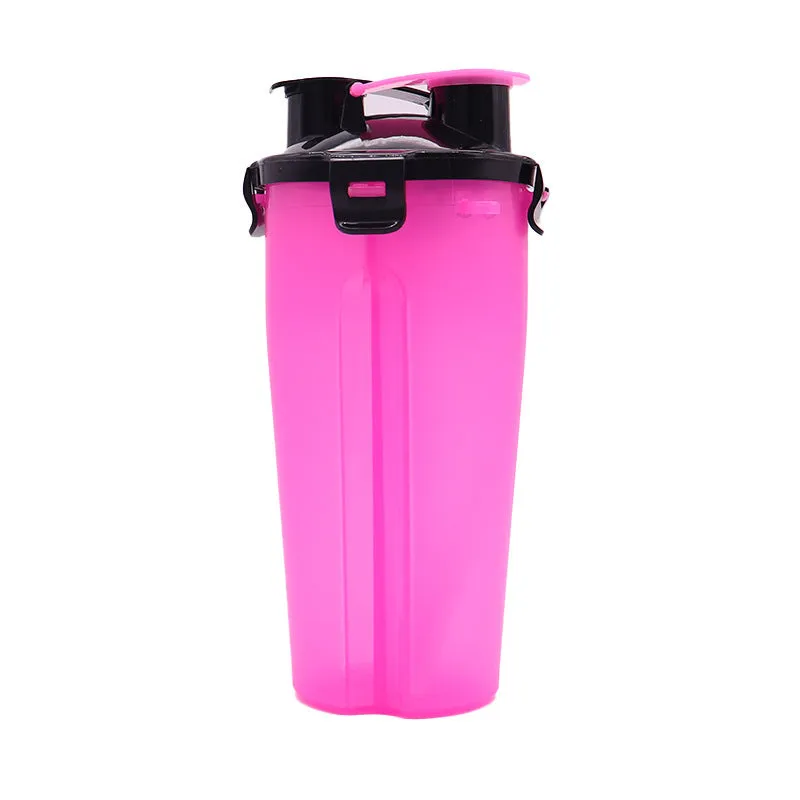 Portable 2-in-1 pet water cup in black, showing separate water and food compartments, PP material, 23cm x 11cm