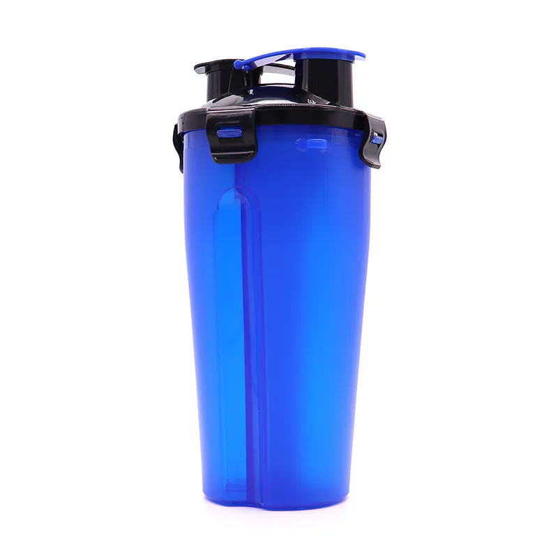 Portable 2-in-1 pet water cup in black, showing separate water and food compartments, PP material, 23cm x 11cm