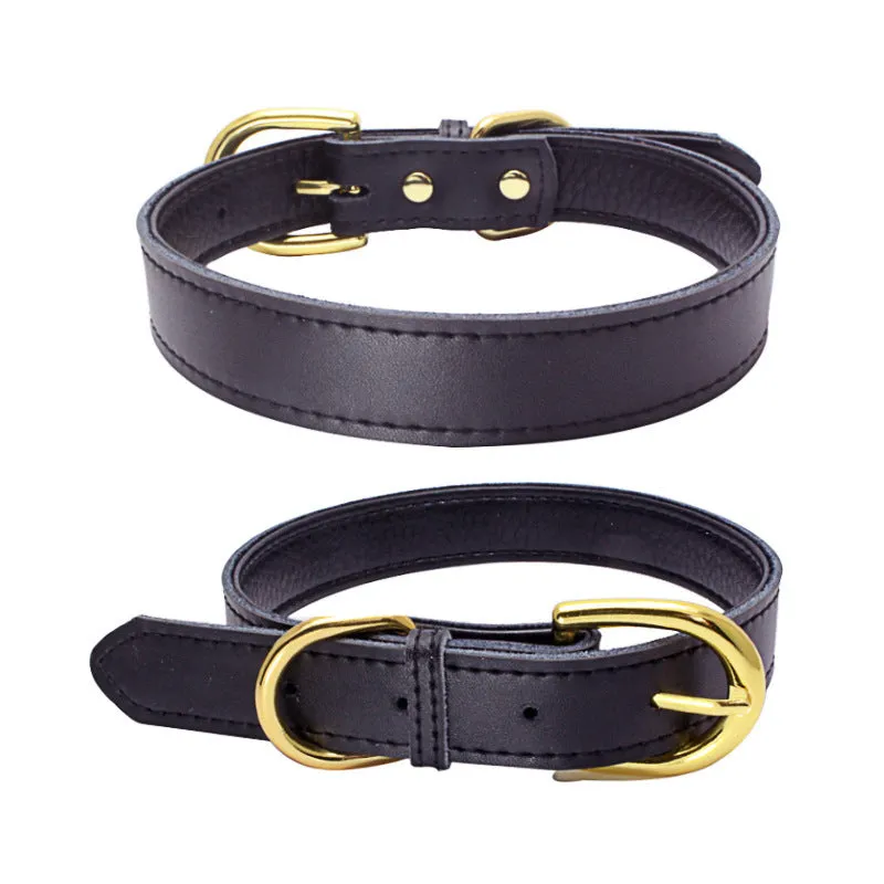 Cowhide pet collar in brown leather with metal buckle on white background