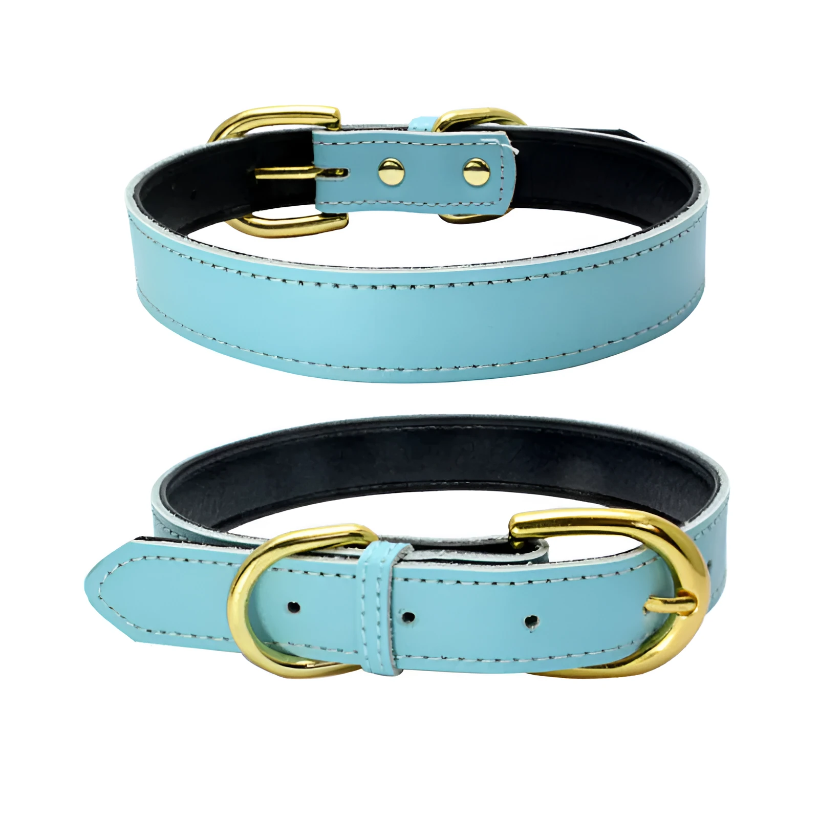 Cowhide pet collar in brown leather with metal buckle on white background