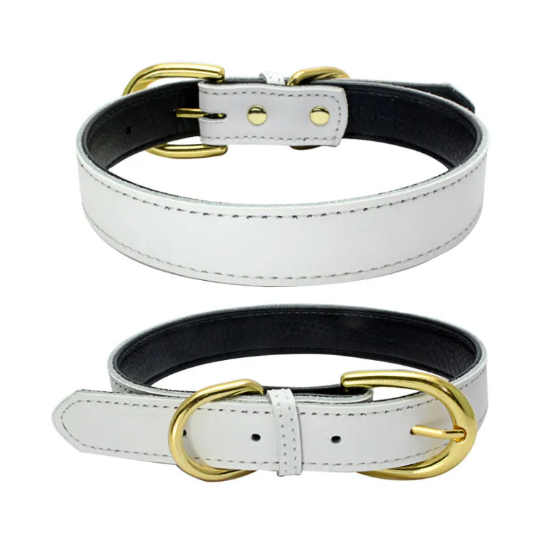 Cowhide pet collar in brown leather with metal buckle on white background