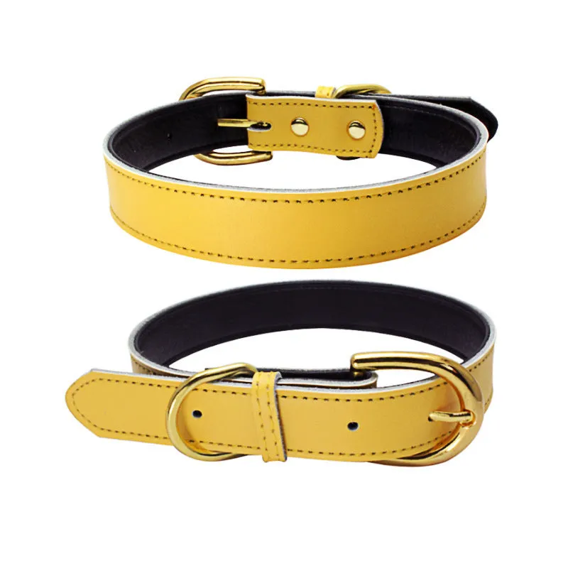 Cowhide pet collar in brown leather with metal buckle on white background