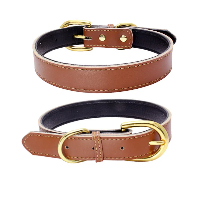 Cowhide pet collar in brown leather with metal buckle on white background