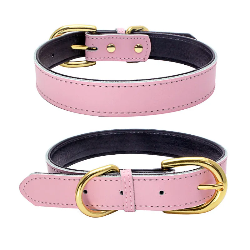 Cowhide pet collar in brown leather with metal buckle on white background
