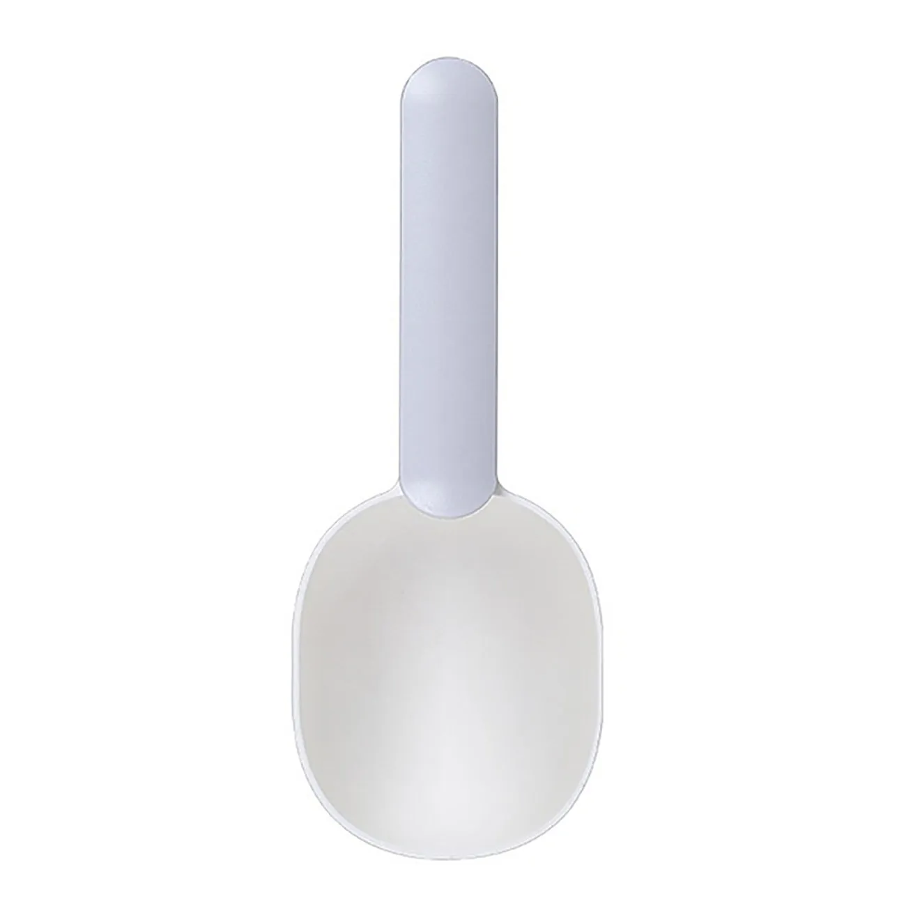 Blue plastic pet food scoop with ergonomic handle and bag clip on a white background